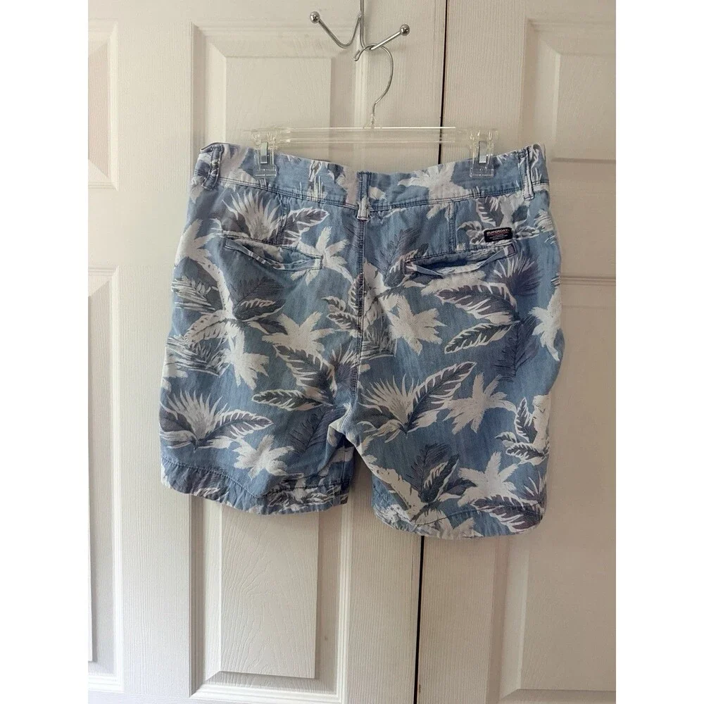Superdry International Mens Palm Tree Chino Shorts 34W Blue Tropical Beach